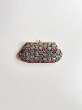 Vintage ELBIEF ENGLAND Rainbow Gold Dot Lamé Kiss Lock Evening Purse Clutch Bag